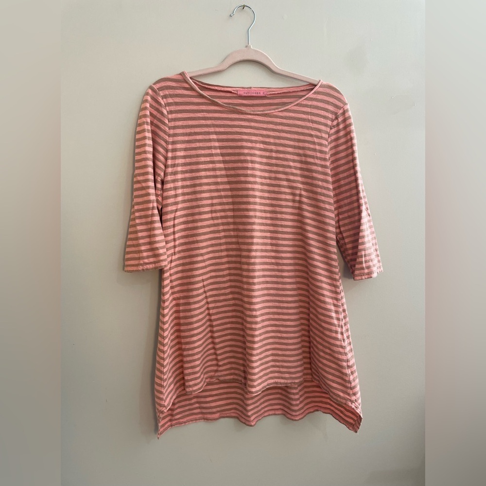 Cut • Loose Pink and Brown Striped T Shirt with 3/4 Sleeves